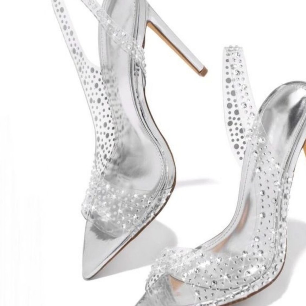 !! NEW !! Transparent Slingback Peep Toe Embellished Heels in Silver - Picture 2 of 6